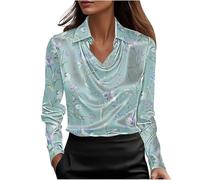 NSICBMNO Satin-Bluse für Damen, V-Ausschnitt, langärmelig, Tunika, Top, elegante Seidenblusen, florales Boho-Top, elegante Hemden, lässige Bluse, lockeres Hemd für Arbeit, Party, Business, Urlaub