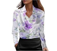 NSICBMNO Satin-Bluse für Damen, V-Ausschnitt, langärmelig, Tunika, Top, elegante Seidenblusen, florales Boho-Top, elegante Hemden, lässige Bluse, lockeres Hemd für Arbeit, Party, Business, Urlaub
