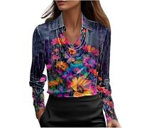 NSICBMNO Satin-Bluse für Damen, V-Ausschnitt, langärmelig, Tunika, Top, elegante Seidenblusen, florales Boho-Top, elegante Hemden, lässige Bluse, lockeres Hemd für Arbeit, Party, Business, Urlaub