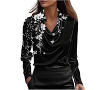 NSICBMNO Satin-Bluse für Damen, V-Ausschnitt, langärmelig, Tunika, Top, elegante Seidenblusen, florales Boho-Top, elegante Hemden, lässige Bluse, lockeres Hemd für Arbeit, Party, Business, Urlaub