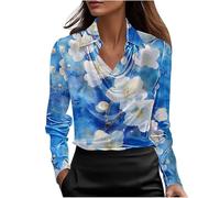 NSICBMNO Satin-Bluse für Damen, V-Ausschnitt, langärmelig, Tunika, Top, elegante Seidenblusen, florales Boho-Top, elegante Hemden, lässige Bluse, lockeres Hemd für Arbeit, Party, Business, Urlaub