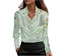 NSICBMNO Satin-Bluse für Damen, V-Ausschnitt, langärmelig, Tunika, Top, elegante Seidenblusen, florales Boho-Top, elegante Hemden, lässige Bluse, lockeres Hemd für Arbeit, Party, Business, Urlaub