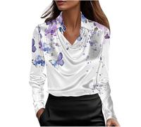 NSICBMNO Satin-Bluse für Damen, V-Ausschnitt, langärmelig, Tunika, Top, elegante Seidenblusen, florales Boho-Top, elegante Hemden, lässige Bluse, lockeres Hemd für Arbeit, Party, Business, Urlaub