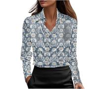 NSICBMNO Satin-Bluse für Damen, V-Ausschnitt, langärmelig, Tunika, Top, elegante Seidenblusen, florales Boho-Top, elegante Hemden, lässige Bluse, lockeres Hemd für Arbeit, Party, Business, Urlaub