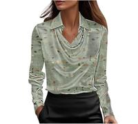 NSICBMNO Satin-Bluse für Damen, V-Ausschnitt, langärmelig, Tunika, Top, elegante Seidenblusen, florales Boho-Top, elegante Hemden, lässige Bluse, lockeres Hemd für Arbeit, Party, Business, Urlaub