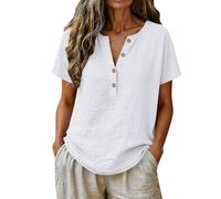 NSICBMNO Sommer-Tops für Damen, Baumwoll-Leinenhemd, kurzärmelig, Blusen, V-Ausschnitt, einfarbig, Tunika, Tops, Button-Down-Shirt, übergroße T-Shirts, lockere, lässige Blusen, geschwungener Saum, A