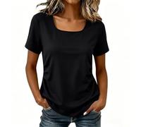NSICBMNO Sommer-Tops für Damen, Übergröße, Tunika-Tops, kurzärmelig, Blusen, quadratischer Ausschnitt, gerüscht, Laufshirt, gerippt, lässig, lockere Blusen, unregelmäßiger Saum, A Schwarz, 4XL