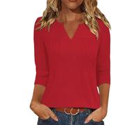 NSICBMNO Sommer-Tops für Damen, V-Ausschnitt, plissiert, 3/4-Ärmel, lange Tunika-Bluse, florales Boho-Top, lässig, elegante Blusen, lockere Passform, T-Shirt, Urlaub, Büro, B Rot, S