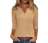 NSICBMNO Sommer-Tops für Damen, V-Ausschnitt, plissiert, 3/4-Ärmel, lange Tunika-Bluse, florales Boho-Top, lässig, elegante Blusen, lockere Passform, T-Shirt, Urlaub, Büro, B Khaki, XXL