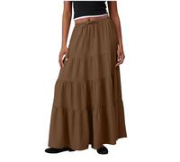 NSICBMNO Sommerröcke für Damen, Boho-Maxirock, lang, plissiert, elastische Taille, Freizeitkleider, Midi-Skaterkleid, ausgestellter gestufter Rüschenrock, Strandmode mit Kordelzug, 01#Braun, S