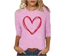 NSICBMNO T-Shirts für Damen, 3/4-Ärmel, Herz-T-Shirts, Valentinstag, Rundhalsausschnitt, Blusen, Sommerbluse, Baggy, lockere Passform, Tunika, Top, lässige Bluse, Hemd, Club, Party, Streetwear, E Pink