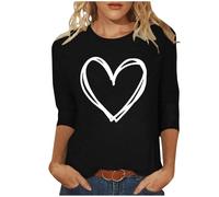NSICBMNO T-Shirts für Damen, 3/4-Ärmel, Herz-T-Shirts, Valentinstag, Rundhalsausschnitt, Blusen, Sommerbluse, Baggy, lockere Passform, Tunika, Top, lässige Bluse, Hemd, Club, Party, Streetwear, E
