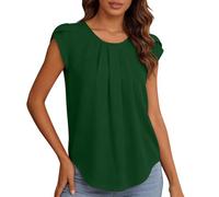 NSICBMNO Tunika-Oberteile für Damen, Übergröße, Sommer-Top, kurzärmelig, Rundhalsausschnitt, Chiffon-Blusen, vorne, plissiert, lässig, lockere Hemden, elegante Blusen, Urlaub, Büro, B Grün, XL
