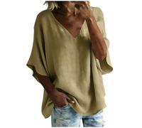 NSICBMNO Übergroße T-Shirts für Damen, lange Tops, Fledermausärmel, V-Ausschnitt, Baumwoll-Leinenhemd, Sommer-Tunika, lockere Blusen, Basic-T-Shirts, Strandurlaubskleidung, Ein Khaki, M