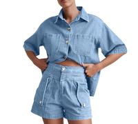 NSICBMNO Zweiteiliges Outfit für Damen, Y2 Denim Co Ord Sets, kurzärmeliges Hemd, hohe Taille, Jeans-Shorts, Sommer-Lounge-Sets, Denim-Shirt, Hotpants, Reise-Outfit, Flughafen-Set, für Arbeit