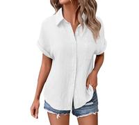 Nuaoxyeu Blau-Weiß Gestreifte Bluse Musselin Bluse Damen Leinen Kurzarm Sommerbluse Casual Button-Down T-Shirts Oversized Boho Kleidung Shirts Baggy Elegant Damenbluse