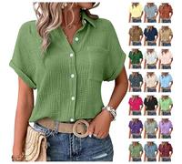 Nuaoxyeu Damen Bluse Musselin Bluse Damen Oversized Button-Down Sommerbluse Elegant V Ausschnitt Leinenbluse GroßE GrößEn Kurzarm T-Shirts Baggy