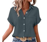 Nuaoxyeu Damen Oberteile Musselin Bluse Damen Oversized Button-Down Sommerbluse Elegant V Ausschnitt Leinenbluse GroßE GrößEn Bluse Kurzarm T-Shirts Baggy