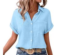 Nuaoxyeu Long Shirt Damen Lang Musselin Bluse Damen Oversized Button-Down Sommerbluse Elegant V Ausschnitt Leinenbluse GroßE GrößEn Bluse Kurzarm T-Shirts Baggy des Tages Heute