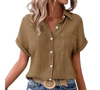 Nuaoxyeu Longbluse Damen Musselin Bluse Damen Oversized Button-Down Sommerbluse Elegant V Ausschnitt Leinenbluse GroßE GrößEn Bluse Kurzarm T-Shirts Baggy des Tages Heute