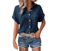 Nuaoxyeu Musselin Bluse Damen Kurzarm Musselin Bluse Damen Leinen Kurzarm Sommerbluse Casual Button-Down T-Shirts Oversized Boho Kleidung Shirts Baggy Elegant Damenbluse Meine en