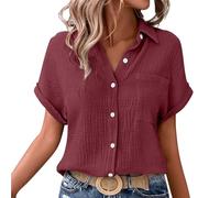Nuaoxyeu Musselin Hemd Damen Musselin Bluse Damen Oversized Button-Down Sommerbluse Elegant V Ausschnitt Leinenbluse GroßE GrößEn Bluse Kurzarm T-Shirts Baggy