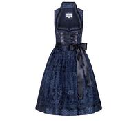 Nübler Dirndl midi Damen CORO Blau - 2-teilig Set mit Kleid und Schürze, Herz-Ausschnitt, Samtschürzenband, glänzendes Ornamentenmuster, Tüllschürze mit Blüten, ideal für Oktoberfest, Größe:34
