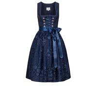 Nübler Dirndl midi Damen GLORIA Blau - 2-teilig Set mit Kleid und Schürze, Jacquard Ornamentik, Tüllschürze mit Blüten und Perlen, Reißverschluss, Rocklänge 60cm, ideal für festliche Anlässe, Größe:34