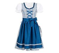 Nübler Kinderdirndl 3-TLG. Doris - Mädchen Dirndl Set mit Bluse & Schürze, Traditionelle Tracht in Blau mit Blumenmuster, Rüschen-Ausschnitt - Bayerische Festtagsmode, Größe:86