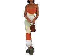 NUFIWI Langes Kleid für Damen, rückenfrei, sexy, gestrickt, Maxikleid, figurbetont, Spaghettiträger, Cocktail-Party, Midi-Kleid, Colorblock Orange, Klein
