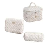 NULYLU 3stücke Gesteppte Kulturtasche Mit Blumenmuster Große Baumwolle Make-up-Tasche Ästhetische Reise-Kosmetiktasche Süße Organizer-Beutel Für Frauen Und Mädchen