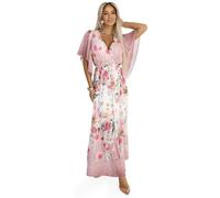 Numoco Luftiges Wickel-Maxikleid Fleur Chiffon-Kleid Boho-Kleid mit Blumen Sommerkleid Partykleid, Altrosa, Gr. S-L