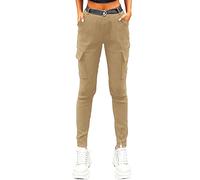 Nuofengkudu Cargohose Damen Stretch Cargo Leggings Hose mit Taschen Frauen Skinny Kargo Hosen mit Gummizug Gummibund Teenager Mädchen Moda Stoffhose Seitentaschen Sportleggins Jeggings Khakifarben M