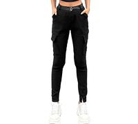 Nuofengkudu Cargohose Damen Stretch Cargo Leggings Hose mit Taschen Frauen Skinny Kargo Hosen mit Gummizug Gummibund Seitentaschen Teenager Mädchen Moda Sportleggins Jeggings Stoffhose Schwarz S