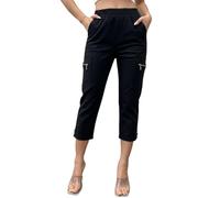 Nuofengkudu Damen 3/4 Hose Gummibund High Waist Stretch Cargohose mit Reißverschluss Taschen Pull On Dreiviertel Sommerhose Cargo Tapered Caprihose Karottenhose Sommer Schwarz XL