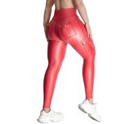 Nuofengkudu Damen Kunstleder Cargo Leggings mit Taschen High Waist 7/8 Länge Stretch Athletisch Glänzend Weich Fitness Sport Push-Up Bauchkontrolle Po-Lift Blickdicht Slim Fit Hosen Rot 2XL