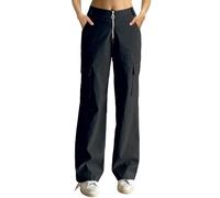 Nuofengkudu Damen Stretch Cargohose mit Reißverschluss Vorne Wide Leg Arbeitshose Gummibund Ring Pull On Taschen Utility Frauen Boyfriend Elegant Hose Moda Alltag Schwarz 2XL
