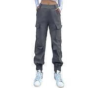 Nuofengkudu Haremshose Cargohose Damen Jogginghose Stretch High Waist Gummizug 4 Taschen Cargo Hosen Y2k Jogger Track Pants Joggpants Gothic Vintage Arbeitshose Streetwear Outdoorhose Grau S