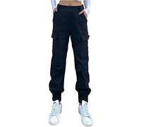 Nuofengkudu Haremshose Cargohose Damen Jogginghose Stretch High Waist Gummizug 4 Taschen Cargo Hosen Y2k Jogger Track Pants Joggpants Gothic Vintage Arbeitshose Streetwear Outdoorhose Schwarz XL
