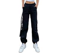 Nuofengkudu Haremshose Cargohose Damen Jogginghose Stretch High Waist Gummizug 5 Taschen Cargo Hosen Y2k Jogger Track Pants Joggpants Gothic Vintage Arbeitshose Streetwear Outdoorhose Schwarz S