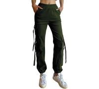 Nuofengkudu Haremshose Cargohose Damen Jogginghose Stretch High Waist Gummizug 5 Taschen Cargo Hosen Y2k Jogger Track Pants Joggpants Gothic Vintage Arbeitshose Streetwear Outdoorhose Grün M