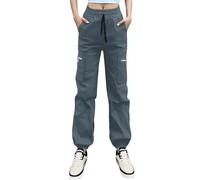 Nuofengkudu Haremshose Cargohose Damen Jogginghose Stretch High Waist Gummizug Kordelzug Reissverschluss Taschen Cargo Hosen Y2K Jogger Pants Joggpants Gothic Vintage Streetwear Outdoorhose Grau S