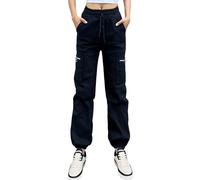 Nuofengkudu Haremshose Cargohose Damen Jogginghose Stretch High Waist Gummizug Kordelzug Reissverschluss Taschen Cargo Hosen Y2K Jogger Pants Joggpants Gothic Vintage Streetwear Outdoorhose Schwarz M