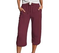 Nuoke Caprihose Damen Sommer, Musselin Kurze Hose Damen 2025 Sommer Leinen Shorts Beach Hosen Sommerhose Leicht Stoffhose Kleid Leinenhose Bluse, Wein S