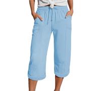 Nuoke Caprihose Damen Sommer, Musselin Kurze Hose Damen 2025 Sommer Leinen Shorts Beach Hosen Sommerhose Leicht Stoffhose Kleid Leinenhose Bluse, himmelblau XXL