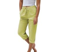 Nuoke Caprihose Damen Sommer, Sommerhose Damen Leicht Sommer Leinen Shorts 2025 Musselin Kurze Hose Beach Hosen Mit Taschen Stoffhose Kleid Stretch Gerades Bein Kordelzug Leinenhose Bluse, gelb XXL