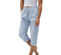 Nuoke Hose Damen Sommer, Sommerhose Damen Leicht Sommer Leinen Shorts 2025 Musselin Kurze Hose Beach Hosen Mit Taschen Stoffhose Kleid Stretch Gerades Bein Kordelzug Leinenhose Bluse, hellblau L