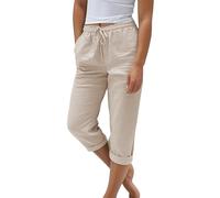Nuoke Hose Damen Sommer, Sommerhose Damen Leicht Sommer Leinen Shorts 2025 Musselin Kurze Hose Beach Hosen Mit Taschen Stoffhose Kleid Stretch Gerades Bein Kordelzug Leinenhose Bluse, beige XXL