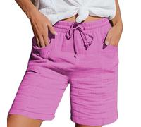 Nuoke Hosen Damen Musselin Kurze Hose Damen 2025 Sommerhose Leicht Sommer Leinen Shorts Beach Hosen Mit Taschen Stoffhose Kleid Stretch Gerades Bein Kordelzug Leinenhose Bluse Capri Heiß Rosa XL