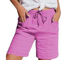 Nuoke Hosen Damen Musselin Kurze Hose Damen 2025 Sommerhose Leicht Sommer Leinen Shorts Beach Hosen Mit Taschen Stoffhose Kleid Stretch Gerades Bein Kordelzug Leinenhose Bluse Capri Heiß Rosa XL